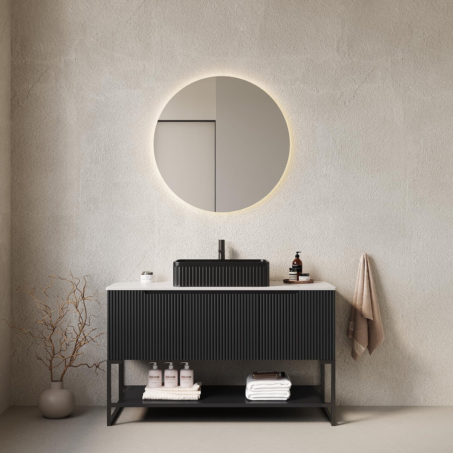 KEIKI 48 Inch Freestanding Bathroom Vanity with Sink, Modern Storage Cabinet with 3 Soft Close Doors and Open Shelf, Waterproof Wood Panels, Sintered Stone Top & Ceramic Basin Combo Set, Black & Black