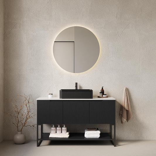 KEIKI 48 Inch Freestanding Bathroom Vanity with Sink, Modern Storage Cabinet with 3 Soft Close Doors and Open Shelf, Waterproof Wood Panels, Sintered Stone Top & Ceramic Basin Combo Set, Black & Black
