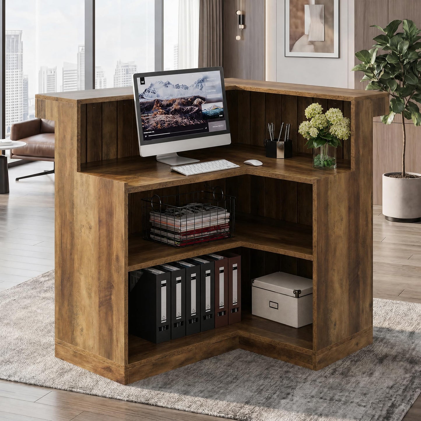 Tribesigns Reception Desk with Counter, 51" Wooden Front Desk with Storage, L Shaped Retail Counter Cashier Table Hostess Stand for Checkout, Barber, Beauty Salon, Cafe, Restaurant,Home Office