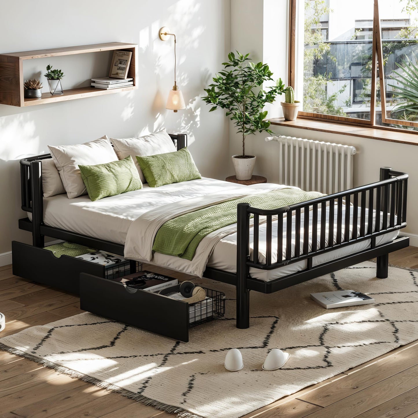 DNYN Full Size Metal Daybed Frame with Guardrails and 2 Storage Drawers for Teens Bedroom, Low-Profile Platform Bed with Upgraded Safety Round-Pipe Design, Space-Saving & No Box Spring Needed
