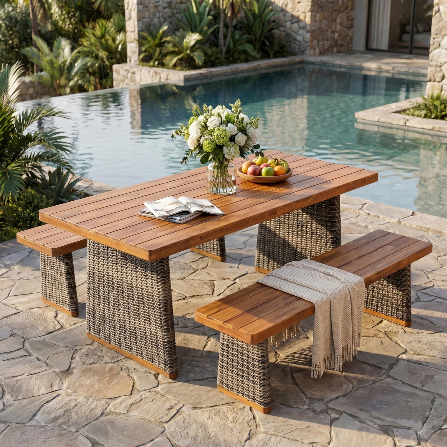 Christopher Knight Home Xavi Patio Acacia Wood Dining Set, Outdoor Side Table and Chairs Set with Slatted Panel Design and Handwoven Rattan Legs, Outdoor Furniture Set for Garden, 3 pcs, Grey + Teak