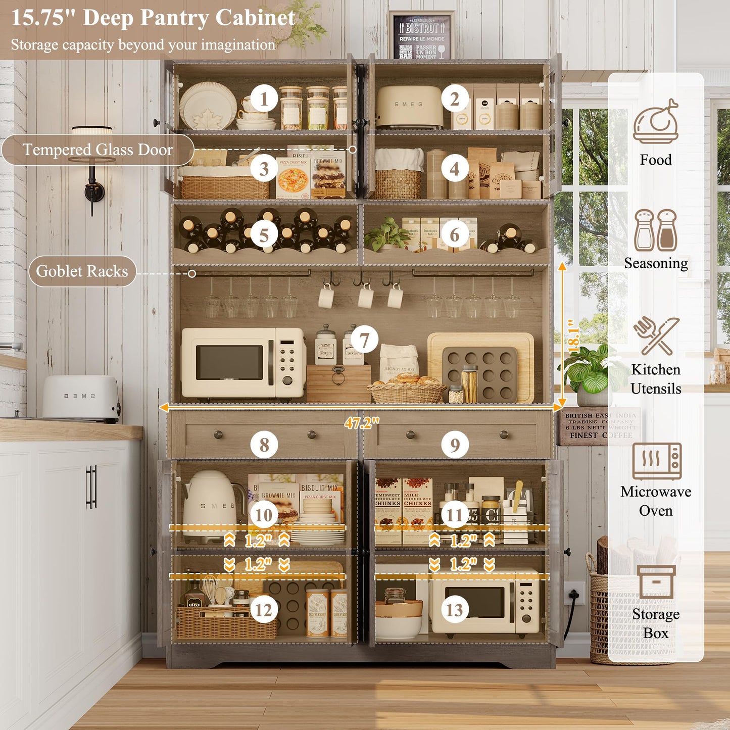 HOSTACK 75.4" Tall Kitchen Pantry Cabinet with Charging Station, Modern White Kitchen Hutch with Microwave Stand and Wine Rack, Large Food Pantry Storage Cabinet with Glass Doors and Drawers, Ash Gray