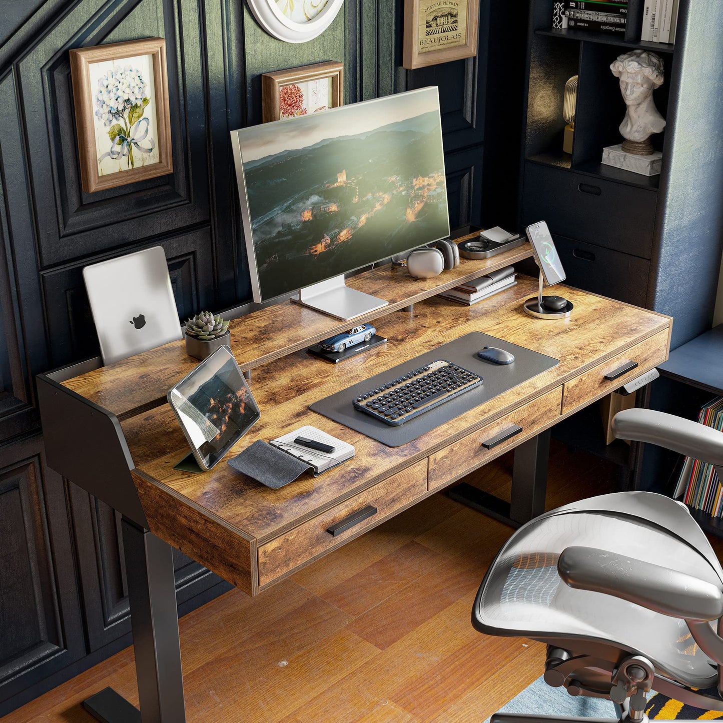CubiCubi Standing Desk 55x26 Inches with 3 Wood Drawers and Monitor Shelf, Ergonomic Rising Home Office Desks, Height Adjustable Computer Desk, Sit Stand Up Electric Workstation Table, Antique Brown