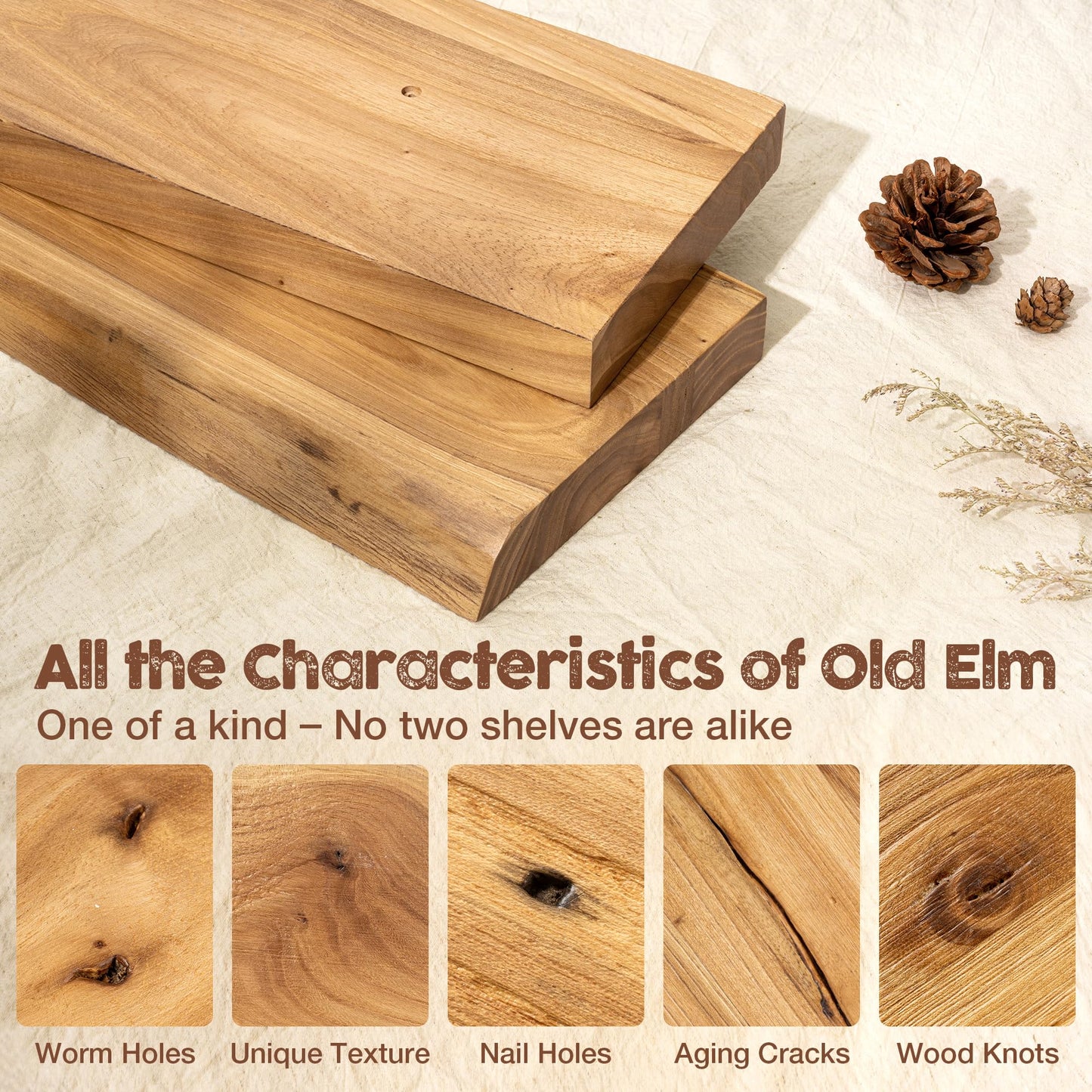 fuqing Floating Shelves for Wall, 72 inch Rustic Solid Elm Wood Floating Shelves, Wooden Wall Shelves with Invisible Heavy Duty Brackets for Living Room, Bedroom, Kitchen, Bathroom, 1 Pack, Natural