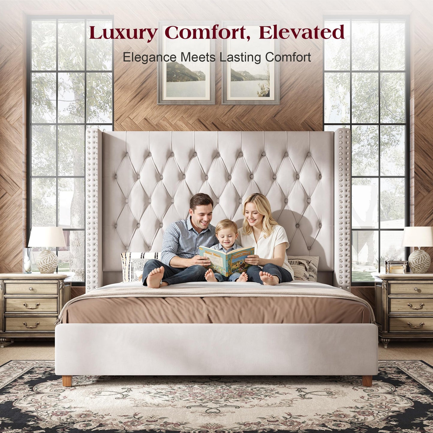 PaPaJet King Bed Frame with 61.4" Tall Wingback Headboard, Velvet Upholstered Platform Bed, No Box Spring Needed, Noise-Free&Easy Assembly, for Family with Kids/Pets & Luxury Home, Cream