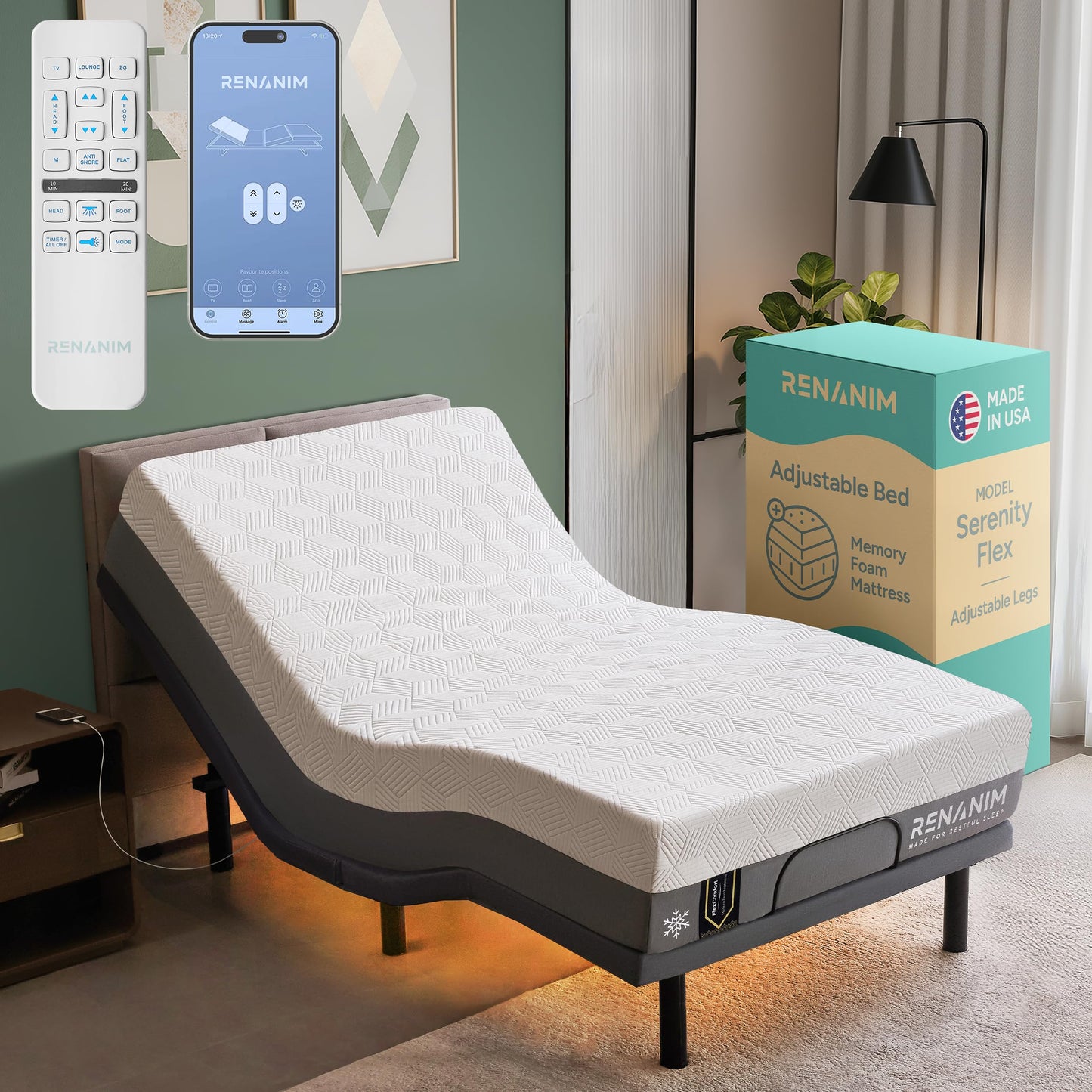 Renanim SF Twin XL Adjustable Bed Frame and Mattress - 14" Cooling Gel Memory Foam - Electric Massage - Zero Gravity - Wireless Remote for Head & Foot Incline - Underbed Night Lights & 4 USB Ports