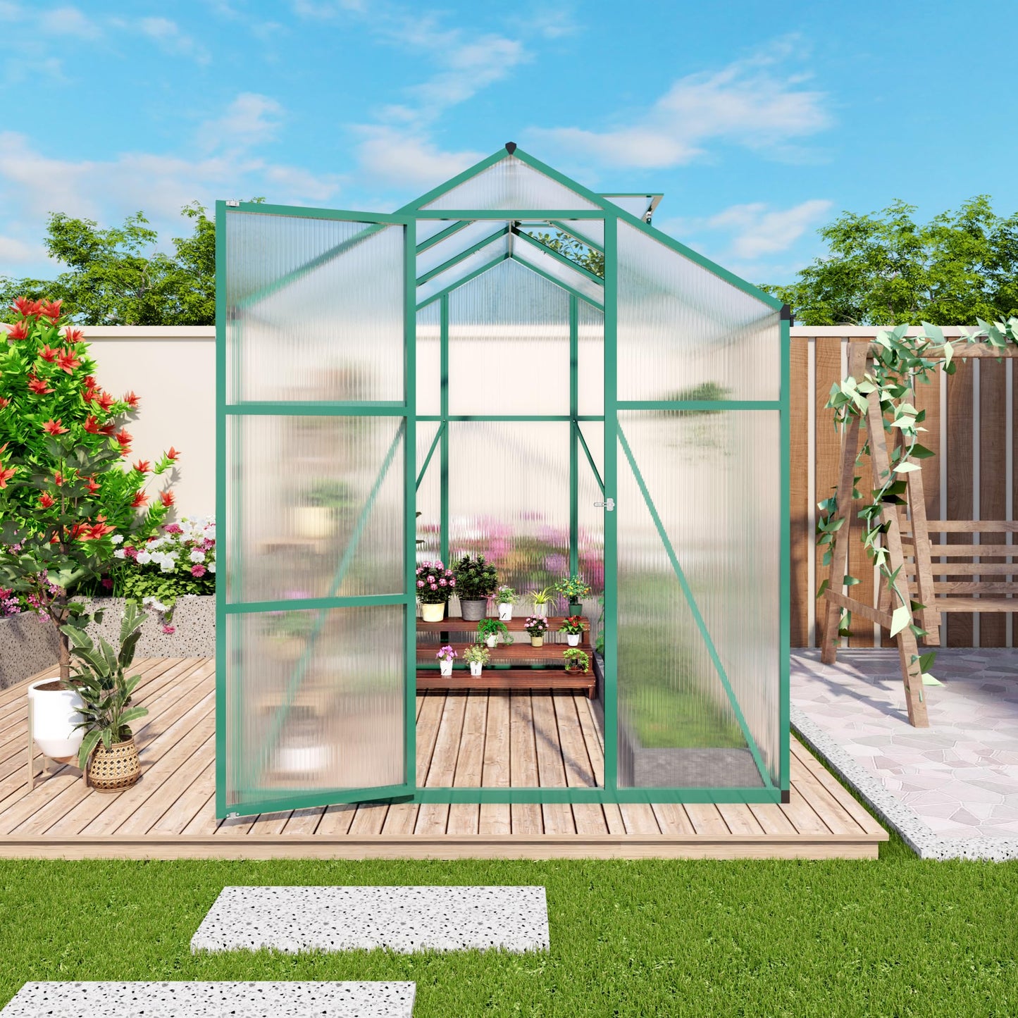 YOPTO 6x6 FT Greenhouse,Outdoor Greenhouse W/ Roof Vent,Walk-in Aluminum Polycarbonate Green Houses W/ Drainage System & Ground Nails,for Outside Garden,Backyard,Patio,Lawn,Green