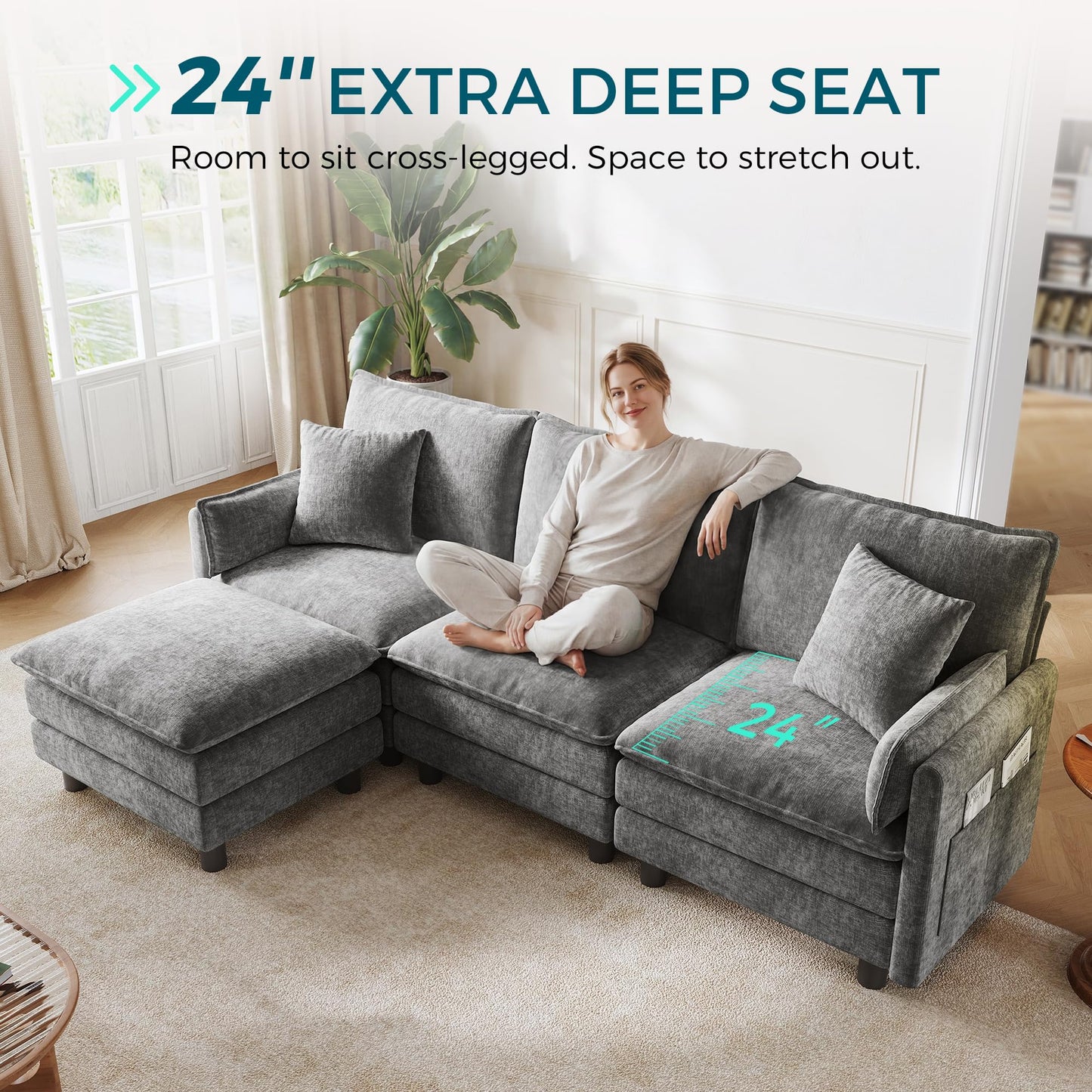 LINSY HOME 98'' Modular Sectional Sofa 3 Seat Couch Chenille Cloud Couch with Deep Seat, L Shaped Couch with 1 Movable Ottoman for Living Room, Office, Bedroom, Grey(Pillows Included)