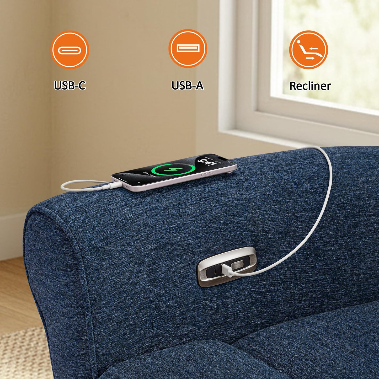 MCombo 78.3" Wall Hugger Power Loveseat Recliner Sofa with Console, Reclining Loveseat with USB Ports, Cup Holders, for Small Spaces Living Room RV, Fabric PR635M2 (Navy Blue)