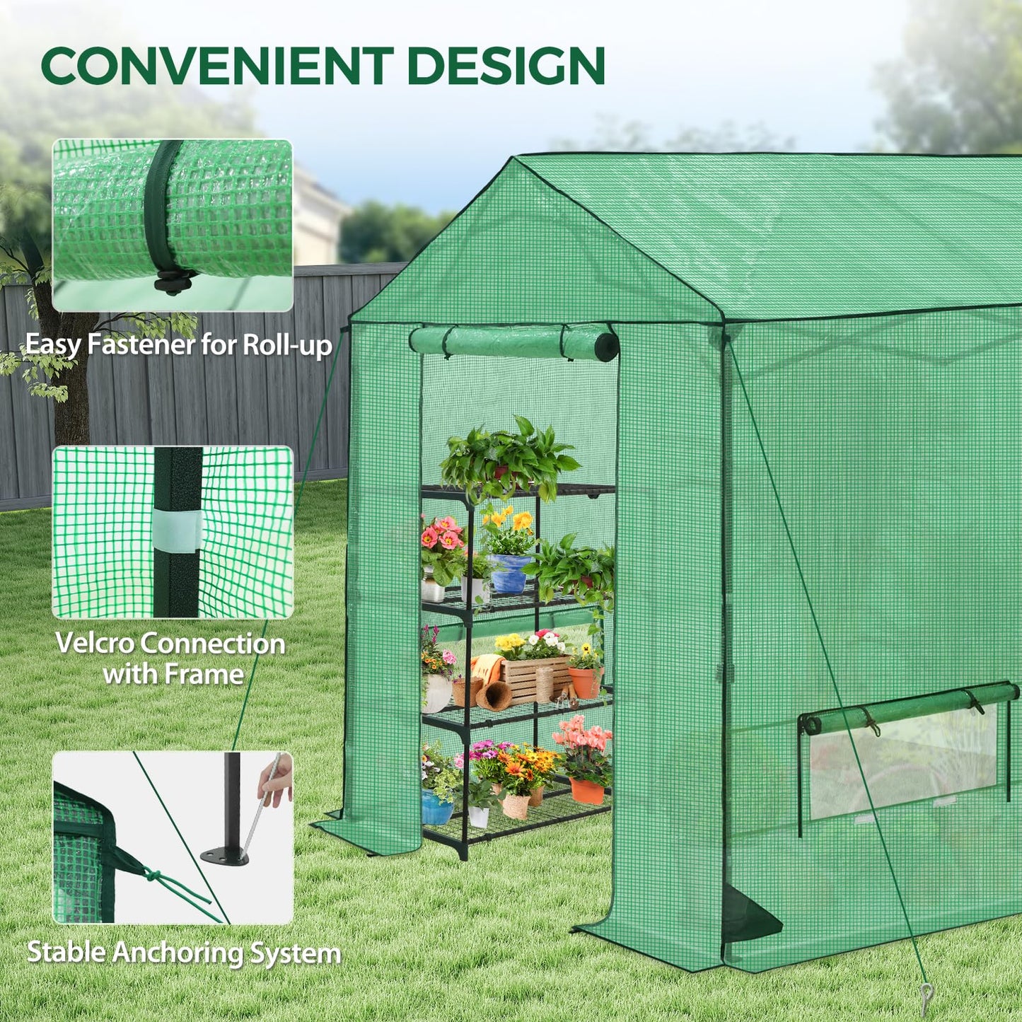 INTER HUT 8x8 Pop Up Greenhouse, Instant Walk in Green House with PE Cover, Power Ports, Roll up Doors & Windows for Indoor Outdoor Plant Growing, Green