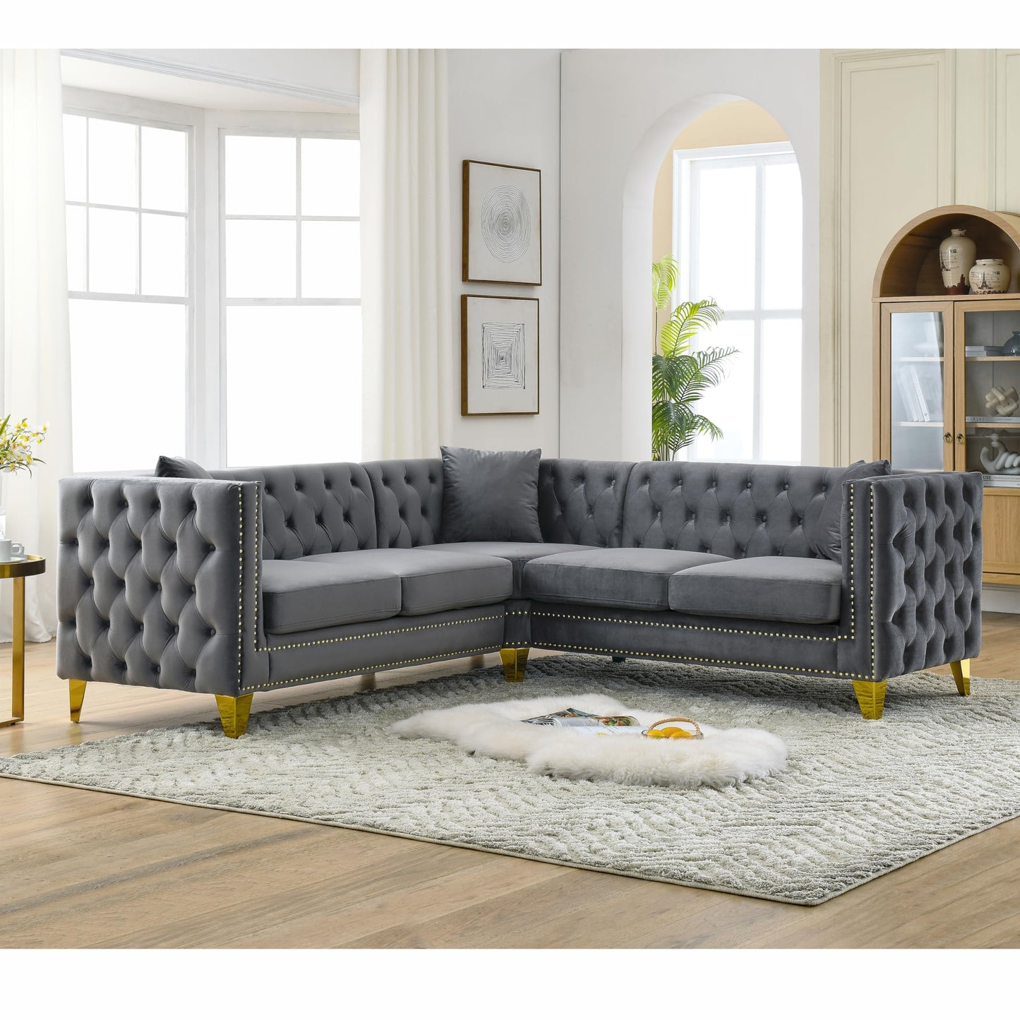 KEIKI 82.2" Tufted Velvet Corner Sofa, 5 Seat L-Shaped Sectional Couch for Living Room, Buttons Tufted Square Arm Couch for Home Apartment, Gray