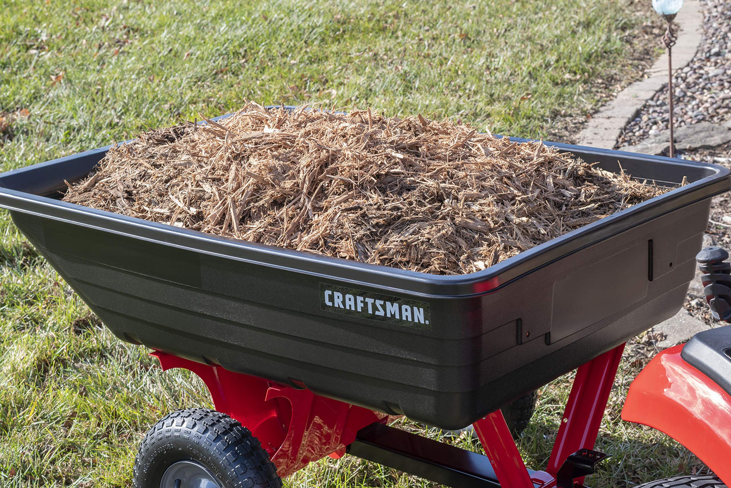 Craftsman Tow Poly Dump Cart for Lawn Tractors and ATVs, 350 lb Load Capacity, 10 Cu Ft Lawn and Garden Utility Trailer
