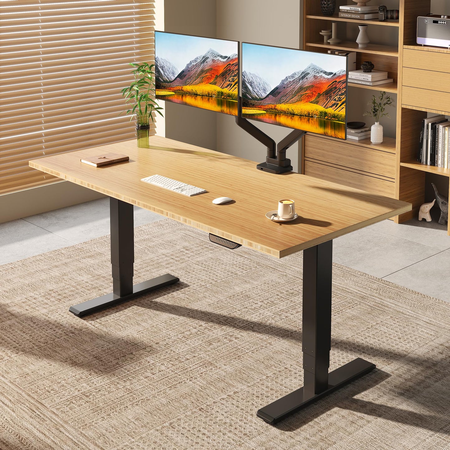 FLEXISPOT E6 MAX Bamboo 55x28 Inch Dual Motor 3-Stage Heavy Duty Standing Desk, 330lbs Weight Capacity, Height Adjustable Desk w/Cable Management & Wheels (Solid Bamboo Desktop + Black Frame)