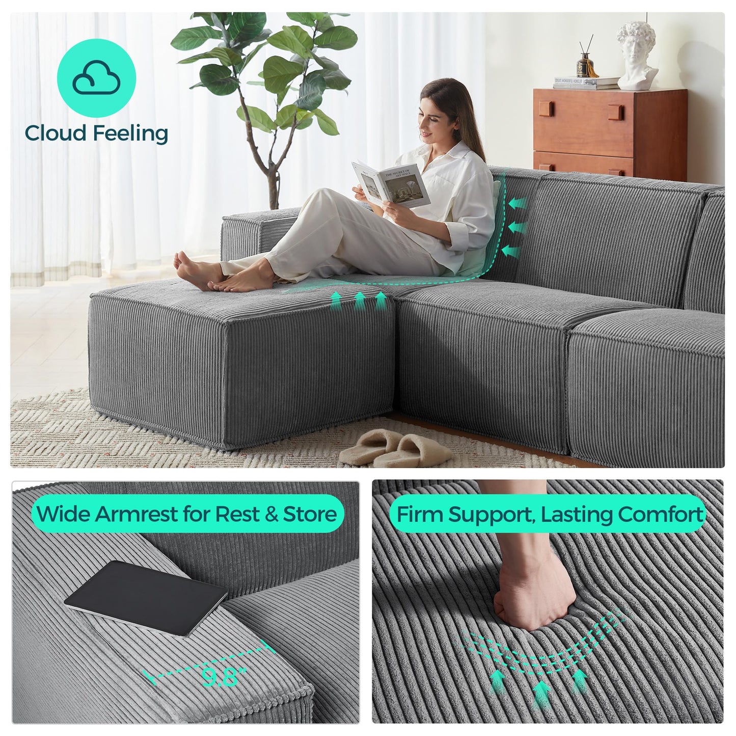 LINSY HOME Modular Sectional Sofa, 105" Boneless Couch L Shaped 3-Seat Sofa with Movable Ottoman, Corduroy Sectional Cloud Couches for Living Room, No Assembly Required, Grey