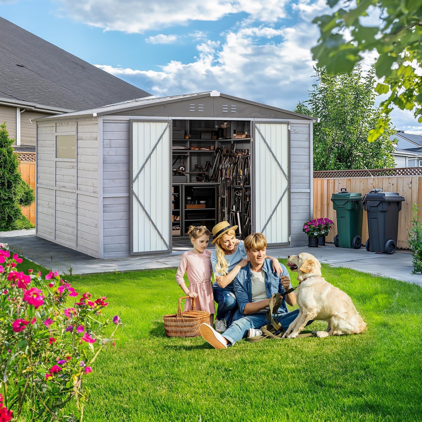 Jaxenor 8x10 FT Outdoor Wood Storage Shed, Garden Tool Shed with Windows, Outside Storage Shed Waterproof for Backyard, Garden, Patio, 4 Vents (Without Floor) Gray
