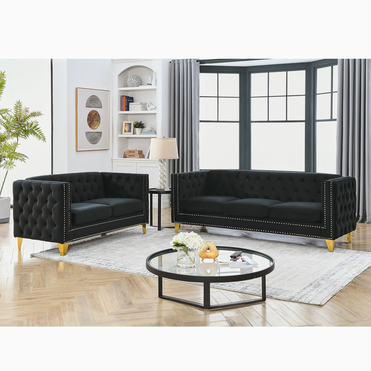 KEIKI Tufted Velvet 3+2 Seat Sofa Couch for Living Room, Buttons Tufted Square Arm Couch for Home Apartment, Black