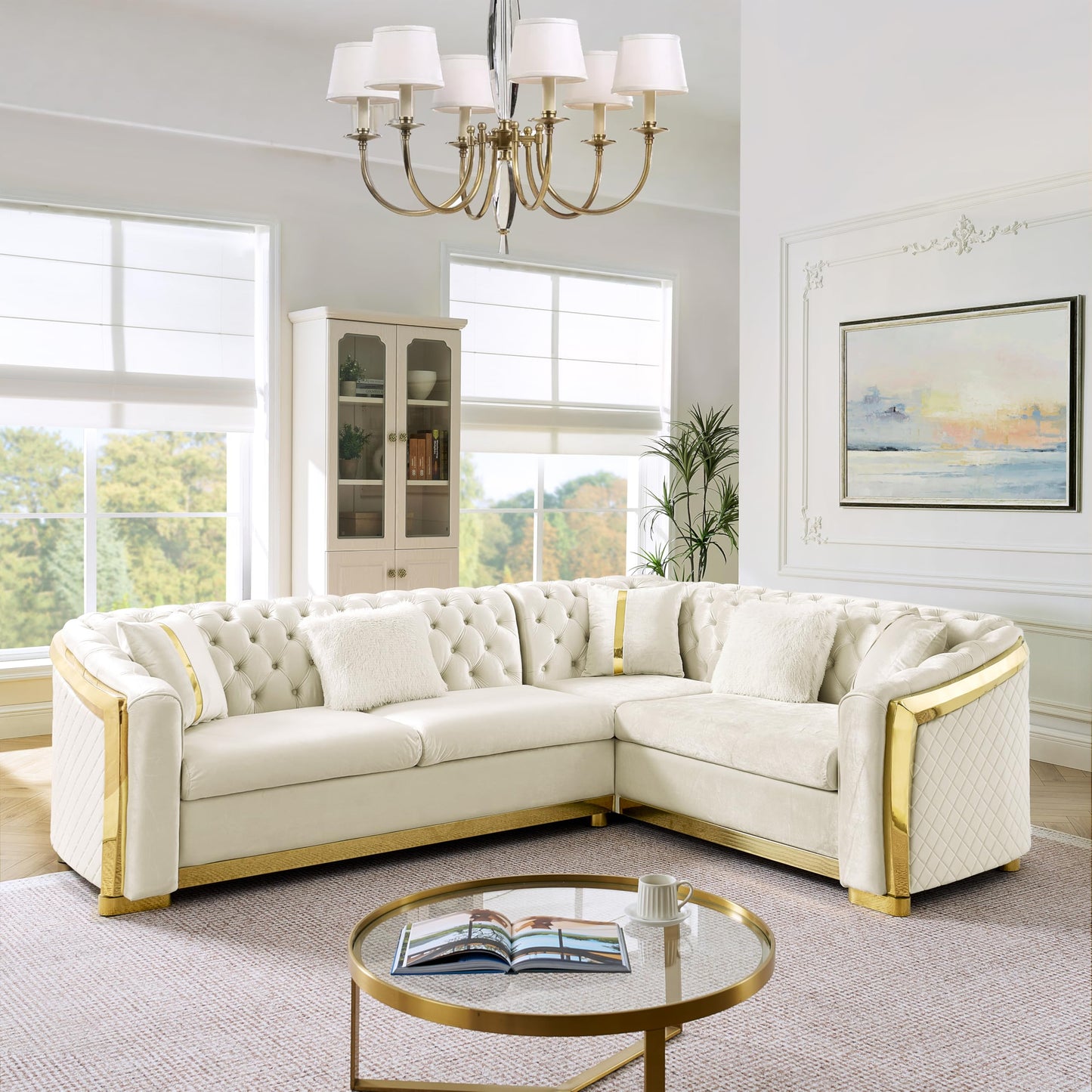KEIKI 106" L-Shaped Luxury Velvet Chesterfield Sectional Sofa with Gold Stainless Steel Accents and 5 Pillows, Mid-Century Oversized 5-Seater Button Tufted Couch, Easy Assembly, for Living Room, Beige