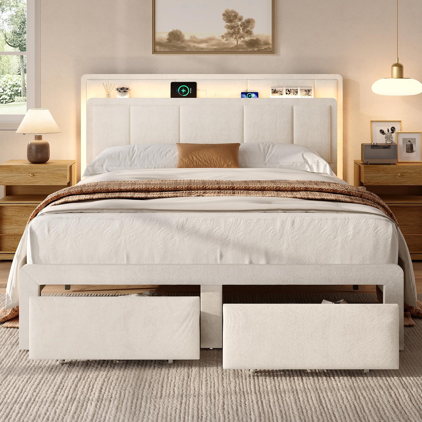 nesture. Queen Storage Bed Frame, Upholstered Platform Bed with 2 Drawers, Velvet Vertical Tufted Headboard with LED Lights & Charging Station, Wooden Slats Support, No Box Spring Needed, Off-White