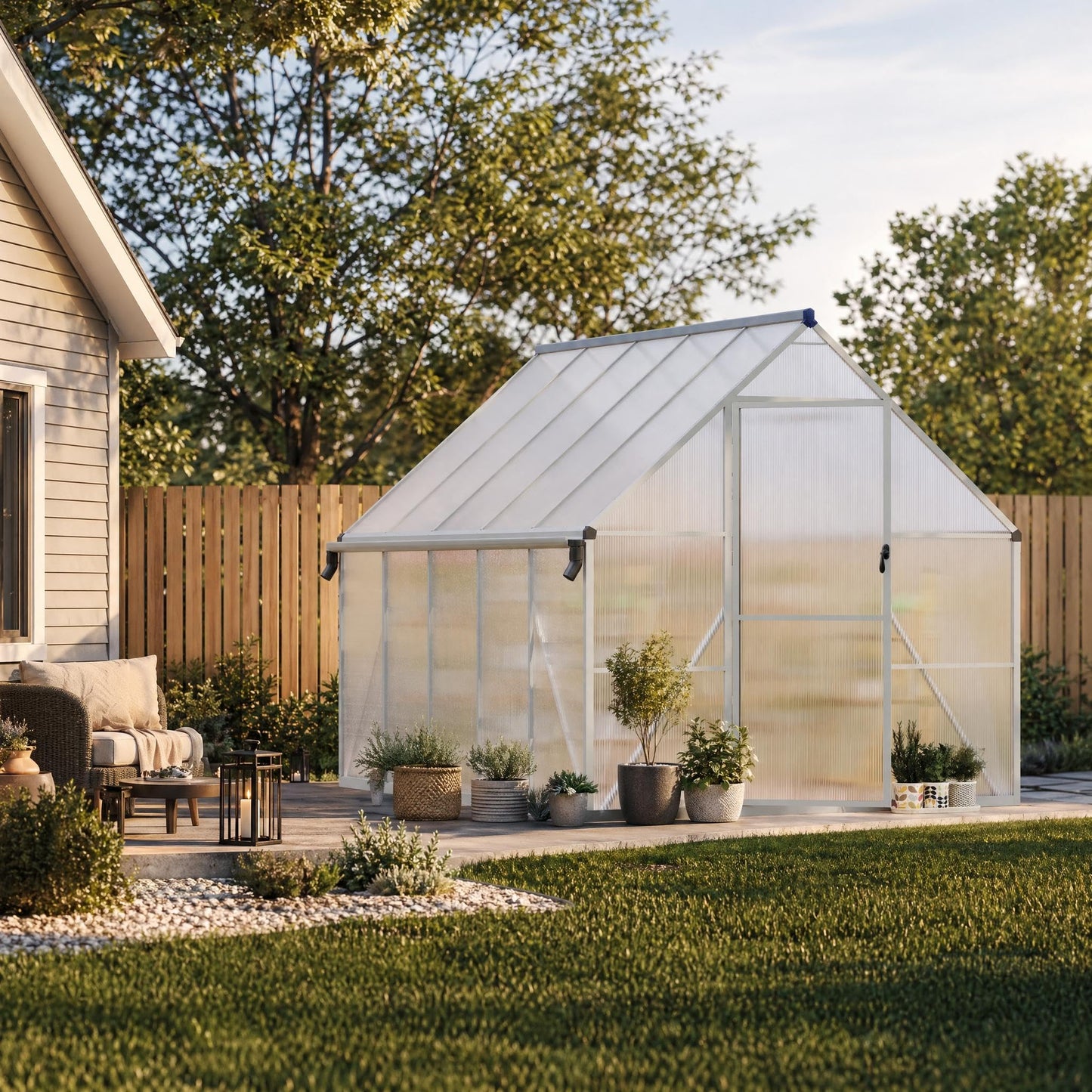 CABIHOME 8x10 FT Outdoor Greenhouse, Polycarbonate Greenhouse with Roof Vent and Ground Nails, Aluminum Large Walk-in Green House w/ Lockable Push Door for Outdoor Garden (Sliver, 8x10 FT)