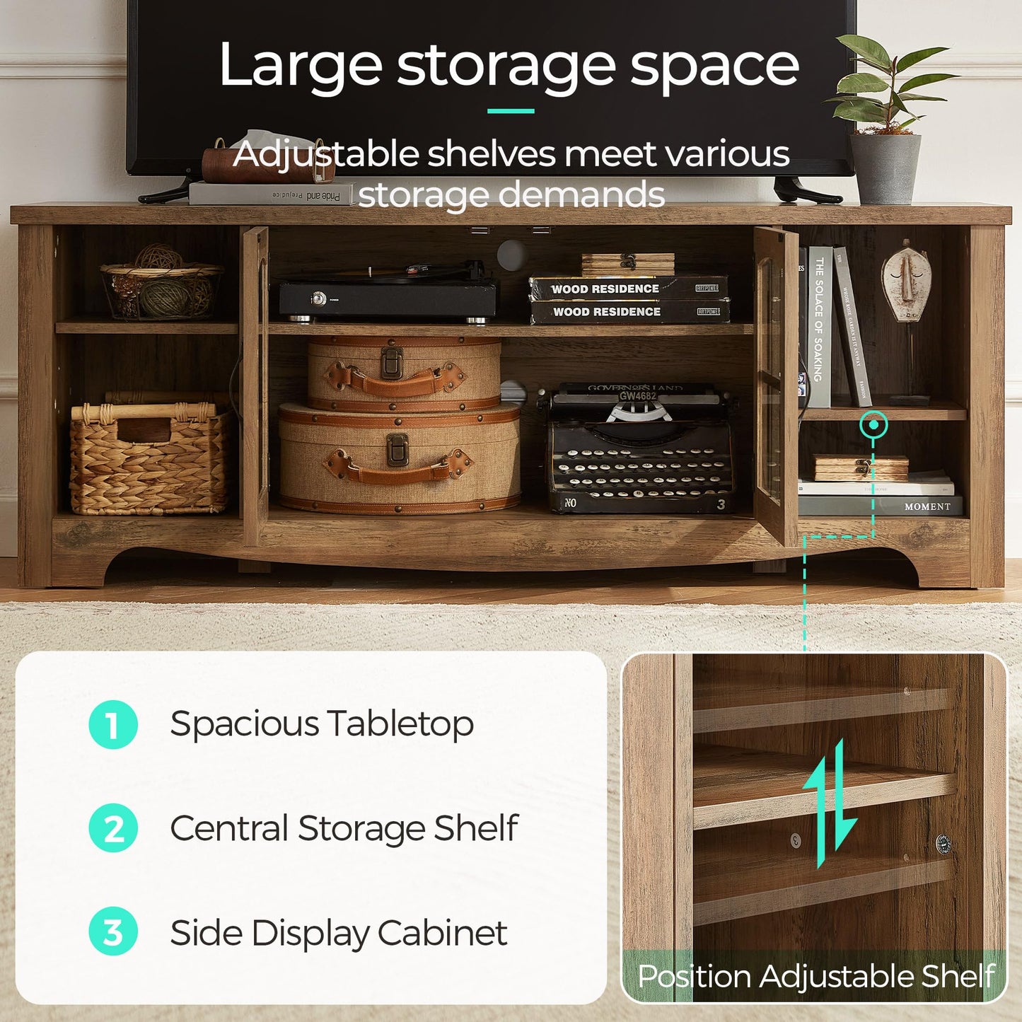 LINSY Home Farmhouse TV Stand for 65 Inch TV, Wood Entertainment Center with Glass Door Storage Cabinet & Adjustable Shelves, Large Sturdy Console Table for Living Room & Bedroom