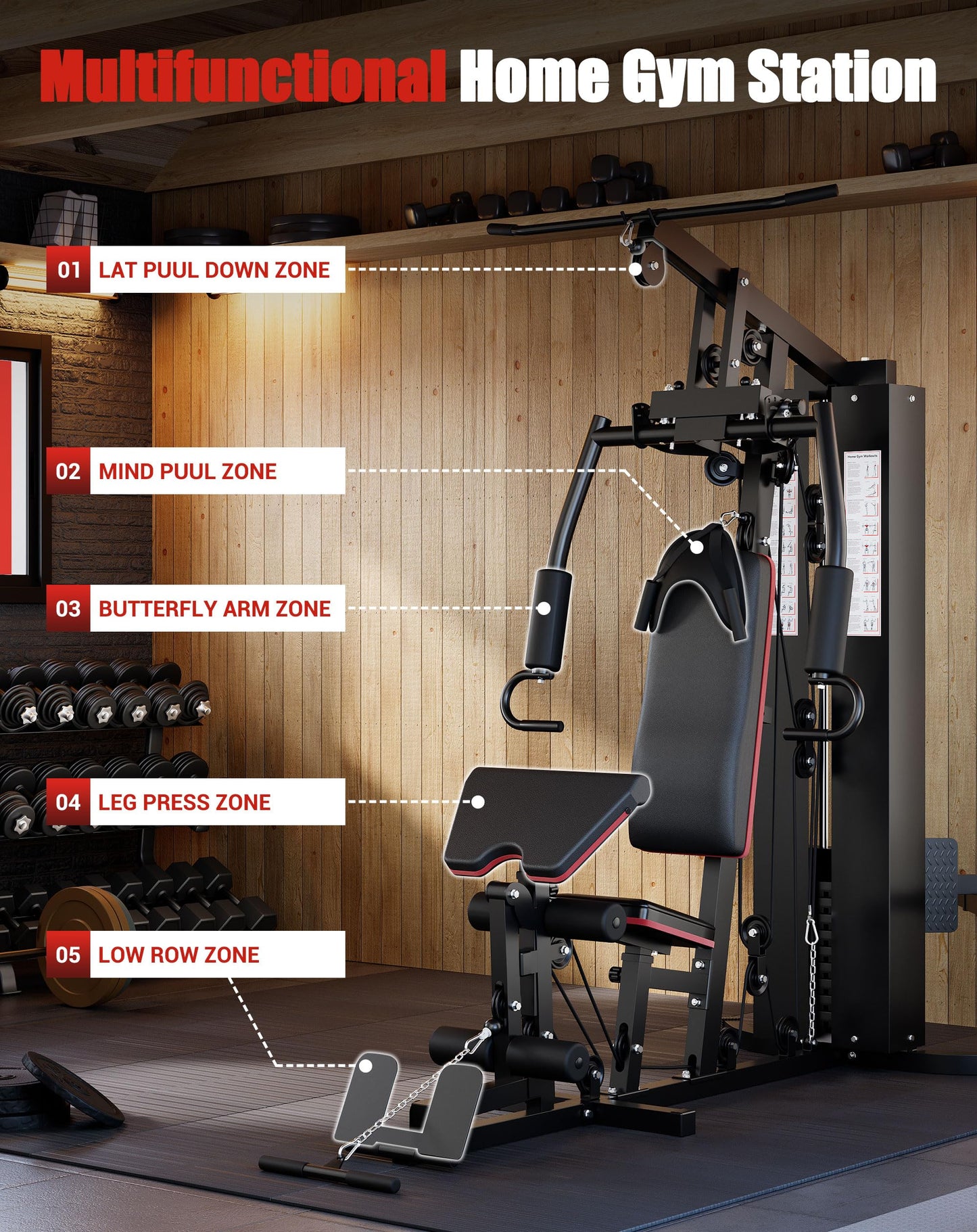 Multifunctional Carbon Steel Home Gym Equipment, Full Body Workout Machine with 150 Lb Weight Stack and Pulley System, Strength Training Exercise Equipment for Home, Black