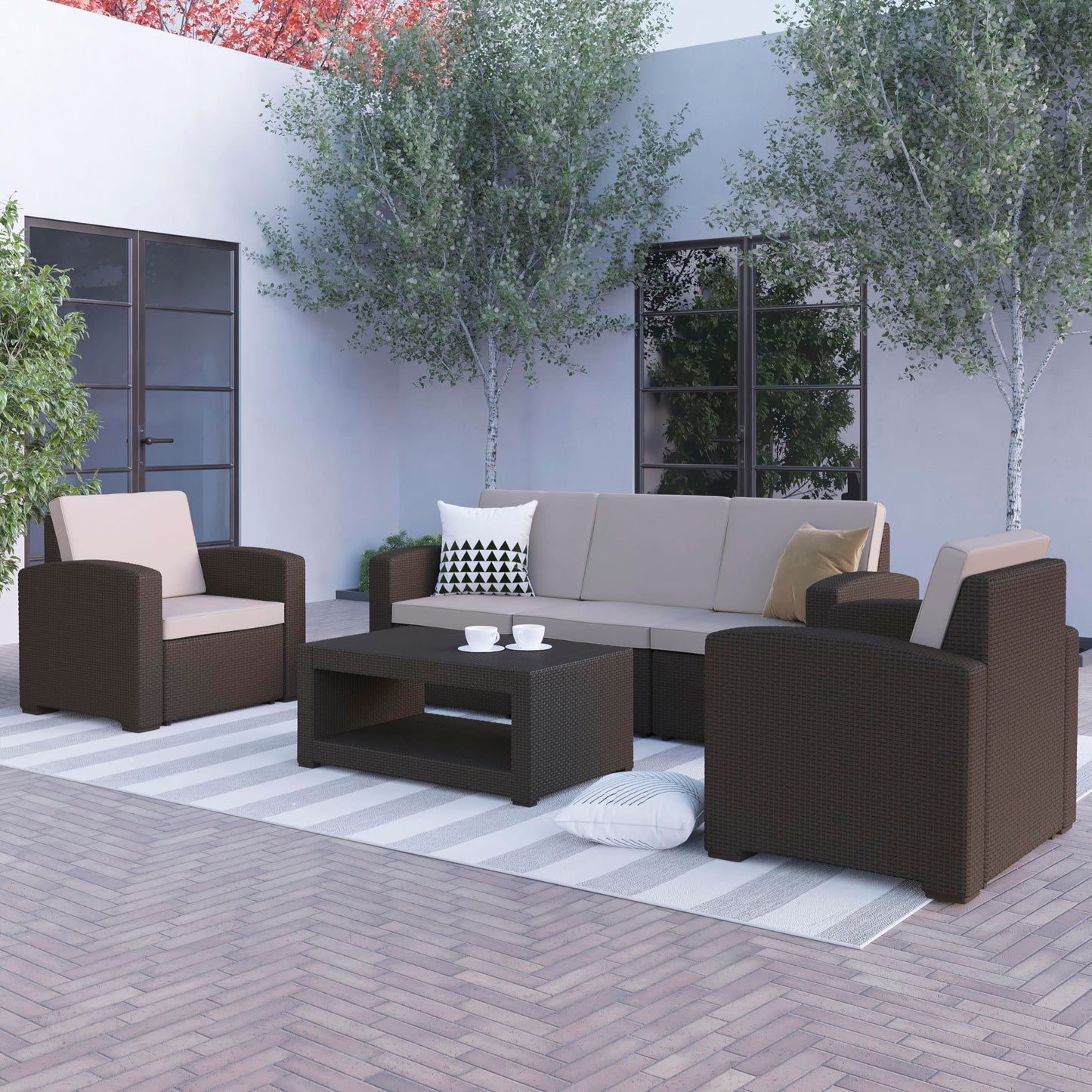 Flash Furniture 4 Piece Outdoor Faux Rattan Chair, Sofa and Table Set in Chocolate Brown