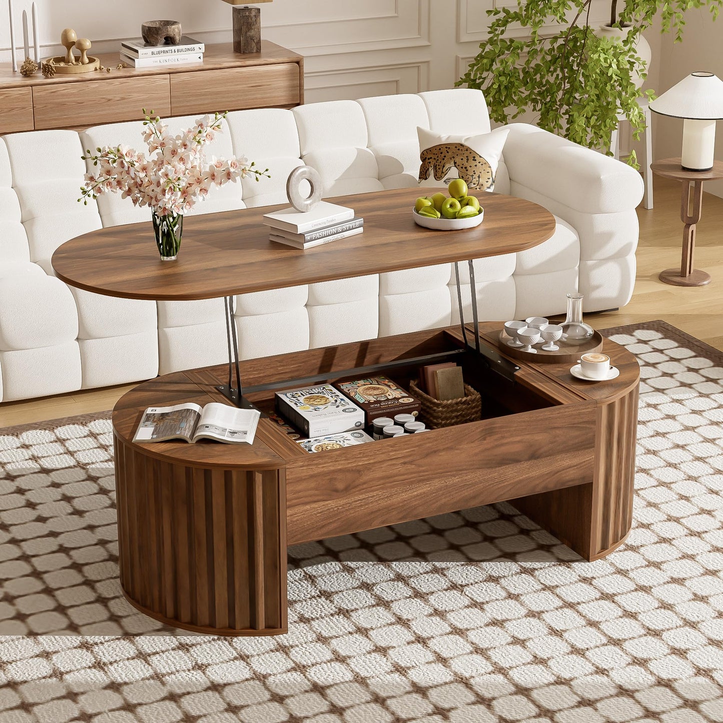 Merax 47.2'' Lift Top Oval Coffee Table with Hidden Storage Compartment, Modern Wooden Center Table with Oval Lift Tabletop for Home Living Room, Brown