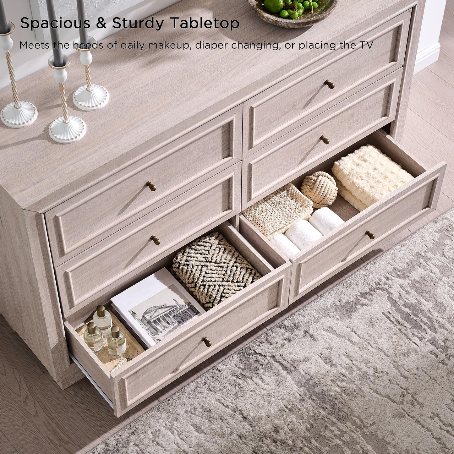 JXQTLINGMU Dresser for Bedroom with 6 Drawers, Two Included Base Styles, 52" Wide Closet Dresser TV Stand w/Storage, Wooden Mid Century Modern Chest of Drawers for Living Room, Hallway, White Alder