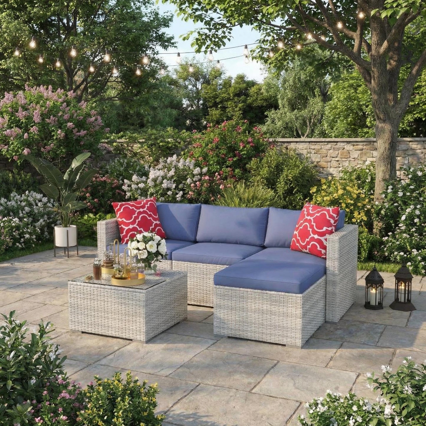 5-Piece L-Shaped Outdoor Patio Furniture Set,PE Wicker Sectional Sofa Set with Cushions and Tempered Glass Table,Steel Frame Conversation Set for Backyard,Poolside Gray Gradient Wicker / Blue Cushions