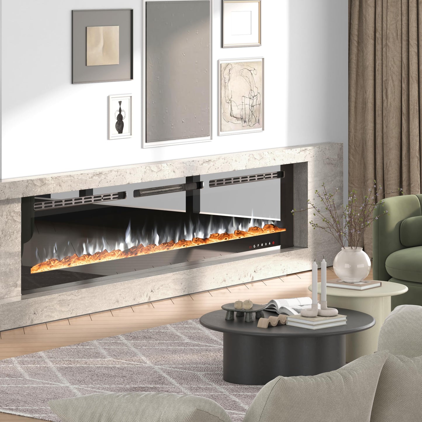 CharaVector 80 inch 750W/1500W Electric Fireplace Inserts with Remote Control in Wall Mounted, Energy Saving LED Insert Fireplace Heater Indoor Glass View with Remote Control & Touch Screen, Black