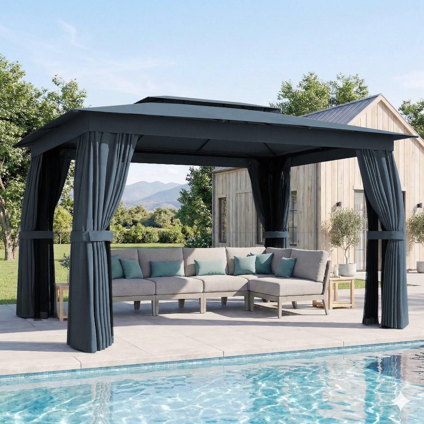 Outsunny 10' x 12' Outdoor Patio Gazebo, Heavy Duty Gazebo Canopy Shelter with Double Roof, Curtains, Netting, Steel Frame, UPF30+ Protection, Ceiling Hooks for Lawn, Backyard, Deck, Blue