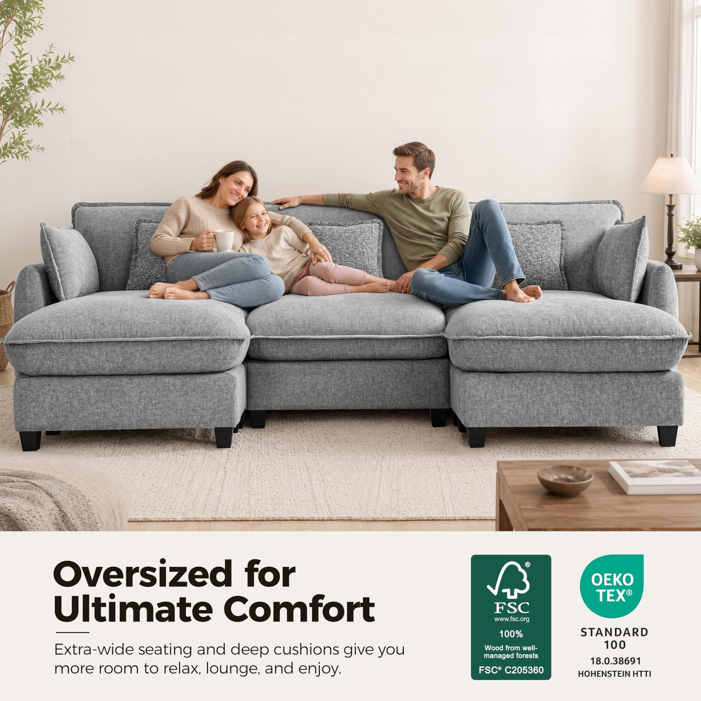 MCombo 117" Oversized Cloud Sectional Couch, Sectional Sofa with FSC Certified, U Shaped Couch with Ottoman for Living Room, Chenille S0701 (Grey)