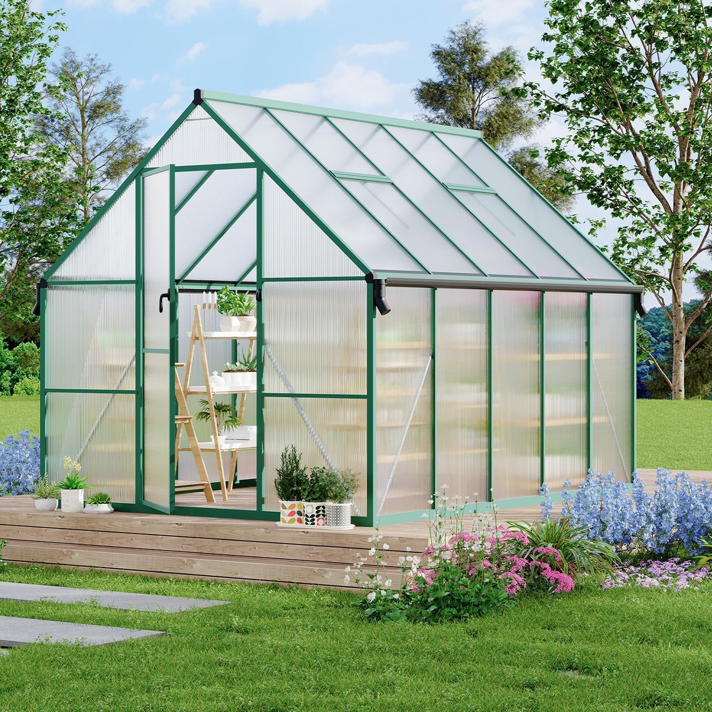 8x10 FT Outdoor Polycarbonate Greenhouse, Aluminum Frame Walk-in Greenhouse with Ventilation Windows & Rain Gutters, Heavy Duty Green House for Backyard Garden Patio Plant Growing