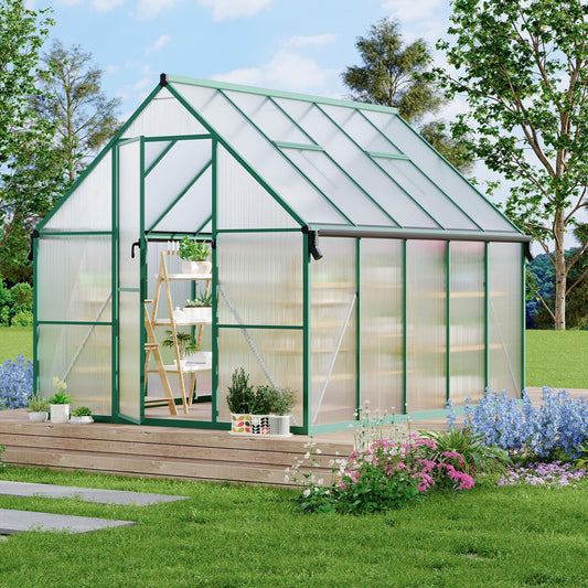 8x10 FT Outdoor Polycarbonate Greenhouse, Aluminum Frame Walk-in Greenhouse with Ventilation Windows & Rain Gutters, Heavy Duty Green House for Backyard Garden Patio Plant Growing