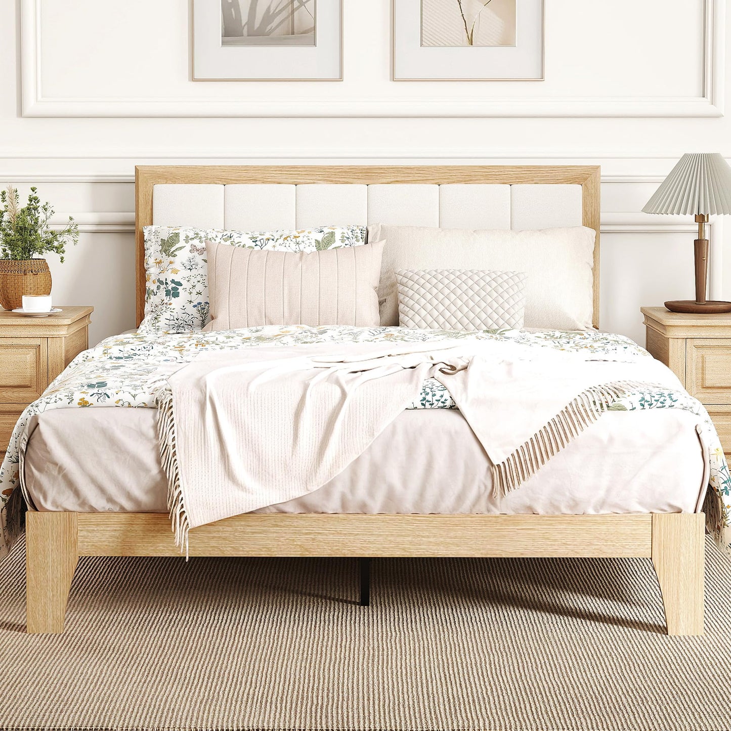 HOMCOM Full Size Bed Frame with Upholstered Headboard, Platform Bed Frame with Wooden Slats, No Box Spring Needed, Easy Assembly, Natural