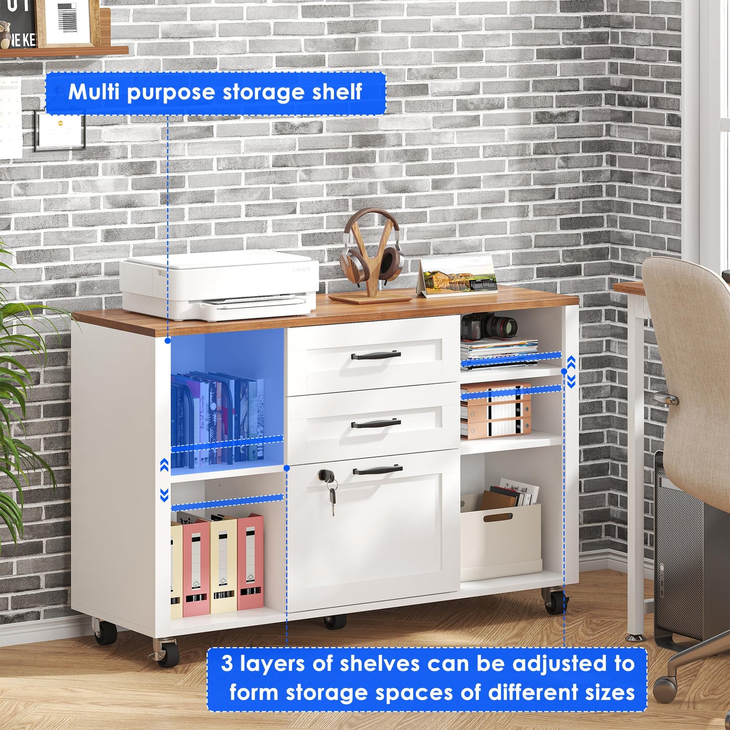 kepptory 3 Drawer Wood Mobile Large lateral File Cabinet with Lock, Lockable Rolling Filing Cabinet with Open Storage Shelves, Printer Stand Office Storage for Home Office Fits Files Legal/A4, White