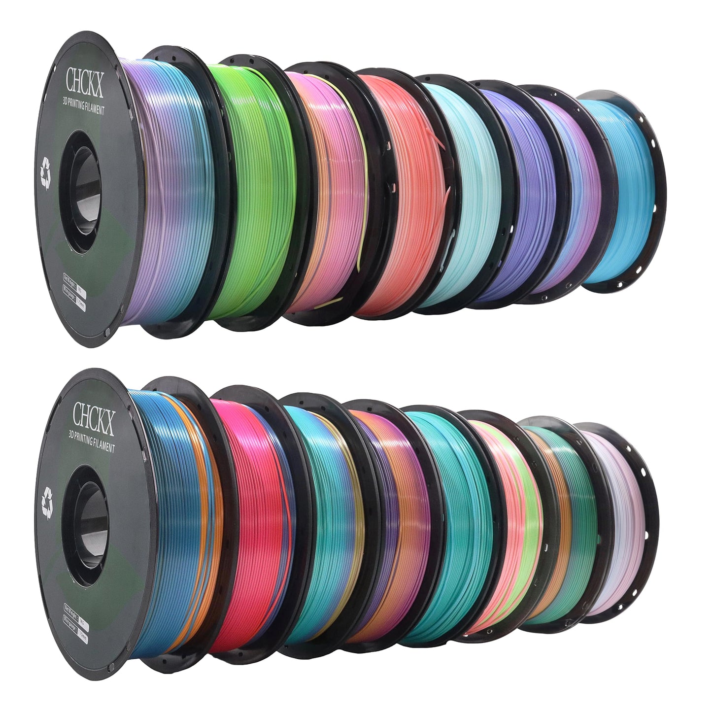 CHCKX 16 Pack Silk Rainbow PLA 3D Printer Filament Bundle, 16 Rolls,Dimensional Accuracy +/- 0.02 mm, 1kg (2.2lbs), 1.75 mm, Rainbow Candy,Blue Green,Red White,Blue White,Green, 16 Mix Rainbow Colors