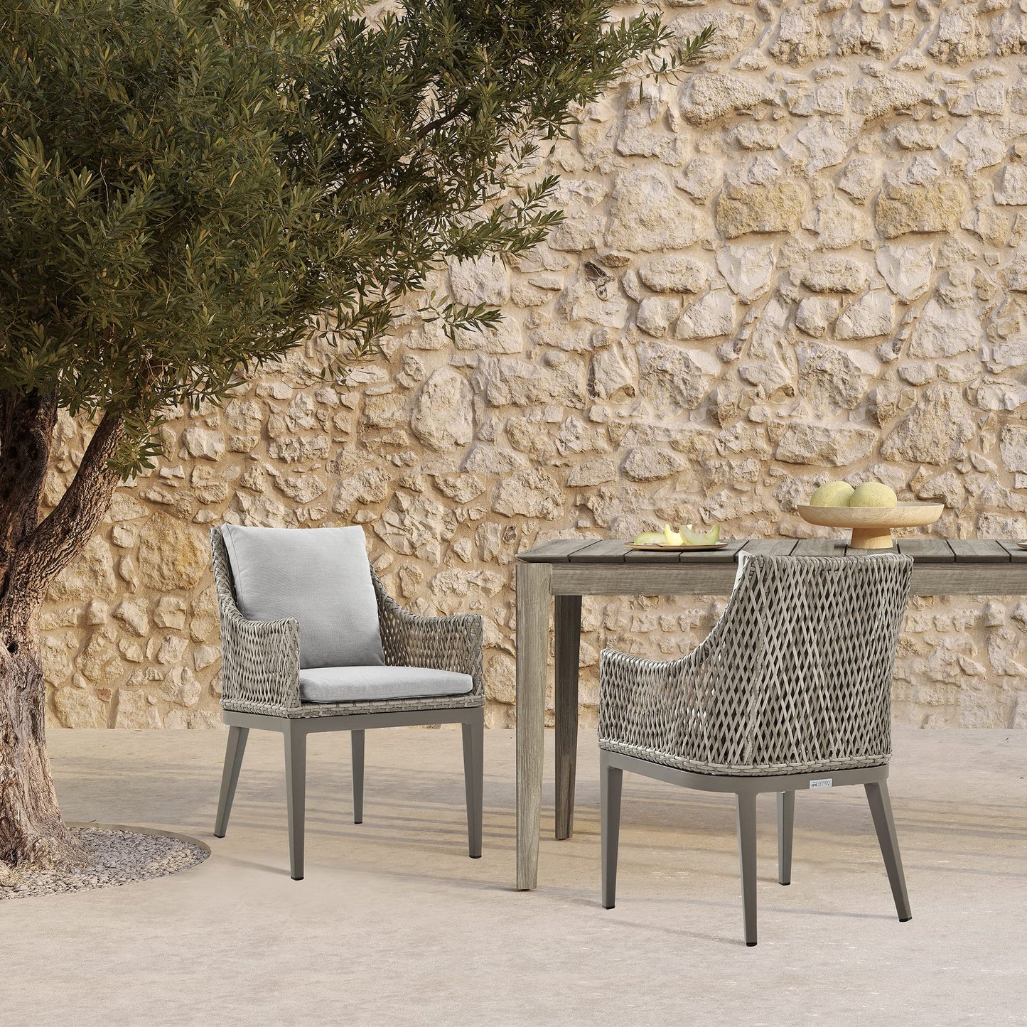 Armen Living Silvana Outdoor Wicker and Aluminum Gray Dining Chair with Beige Cushions - Set of 2
