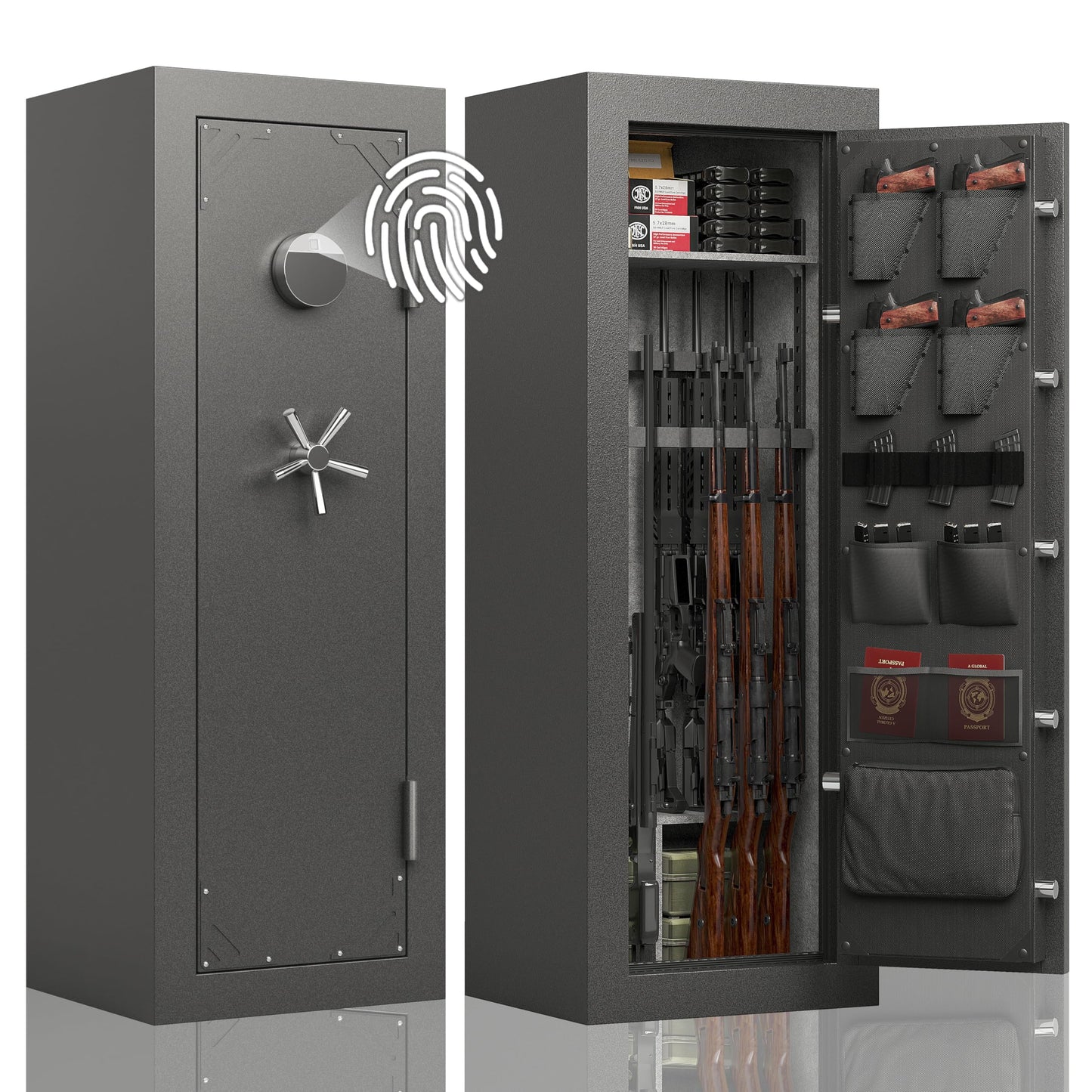 KAER Fireproof 20 Gun Safe 1400°F / 45 Minutes Biometric Gun Safe for Rifles and Pistols Rifle Safe Gun Cabinet Quick Access Gun Safes with Adjustable Shelf and Gun Rack (Gray)