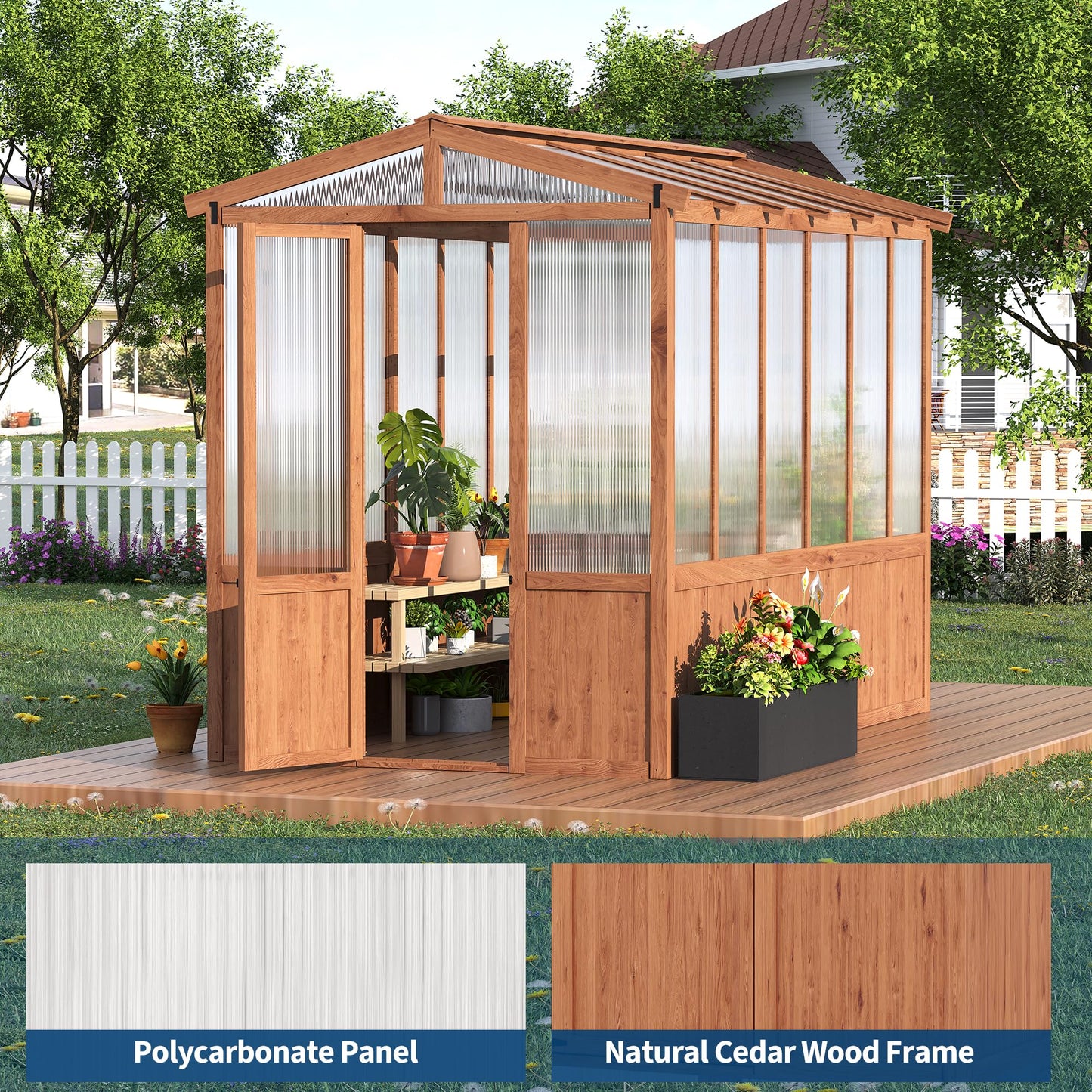GarveeLife 6x10FT Wooden Greenhouses for Outdoors, Wooden Walk-in Green House with Cedar Frame, Greenhouse Kit with 6MM Thick Polycarbonate Panel