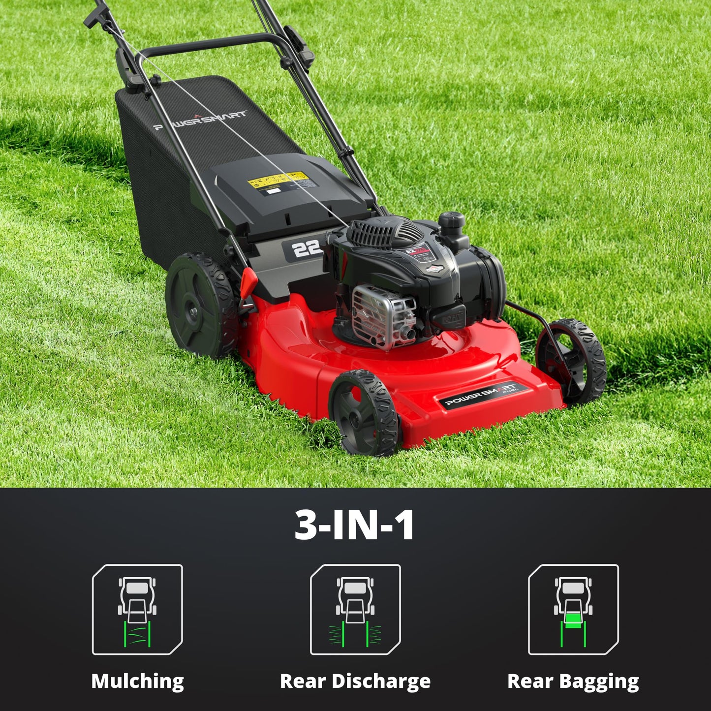 PowerSmart 22-Inch Gas Lawn Mower Self-Propelled, 150cc B&S Engine, 3-in-1 Mulching System, 6 Cutting Heights, Rear-Wheel Drive, Durable Steel Deck