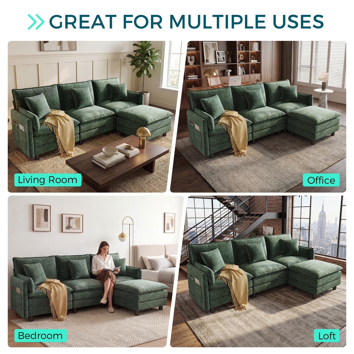 LINSY HOME 98'' Modular Sectional Sofa 3 Seat Couch Chenille Cloud Couch with Deep Seat, L Shaped Couch with 1 Movable Ottoman for Living Room, Office, Bedroom, Green(Pillows Included)