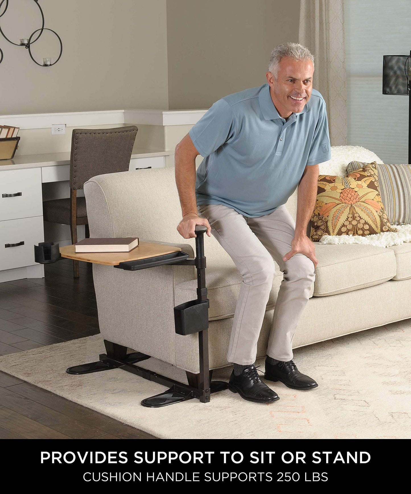Signature Life Independence Tray Table, Bamboo Swivel TV-Tray, Adjustable Laptop-Table with Ergonomic Stand Assist Safety Handle, Independent Living Aid