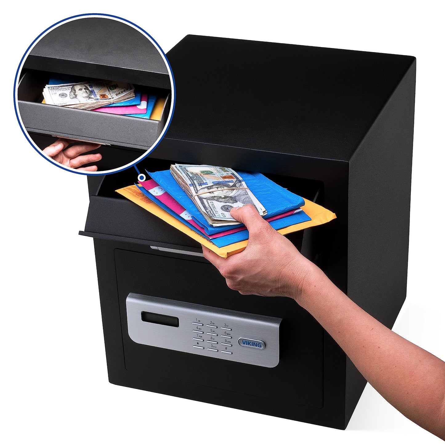 Viking Security Safe VS-40DS Heavy Duty Depository Safe with Drop Slot – Digital Keypad Money Safe for Cash, Business, Home, Office, Retail – Anti-Fish Design, LCD Display, Motorized Lock, Backup Key