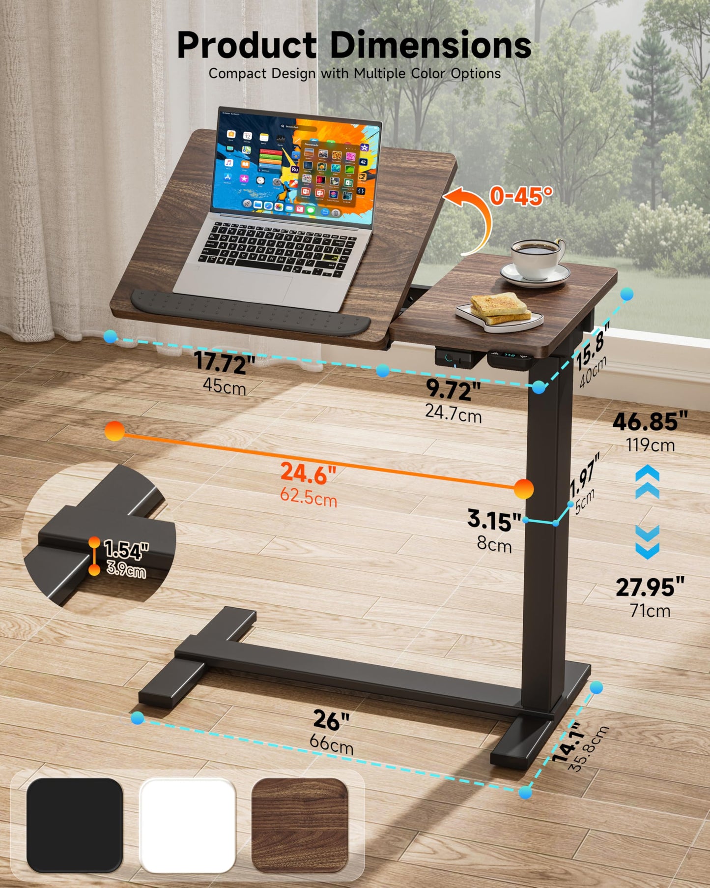 BIZUM Small Electric Standing Desk, Overbed Table Wireless Tilt Top with Hidden Wheels, 27.6×15.8 Inch Adjustable Rolling Laptop Desk, USB-C Rechargeable Battery, Walnut