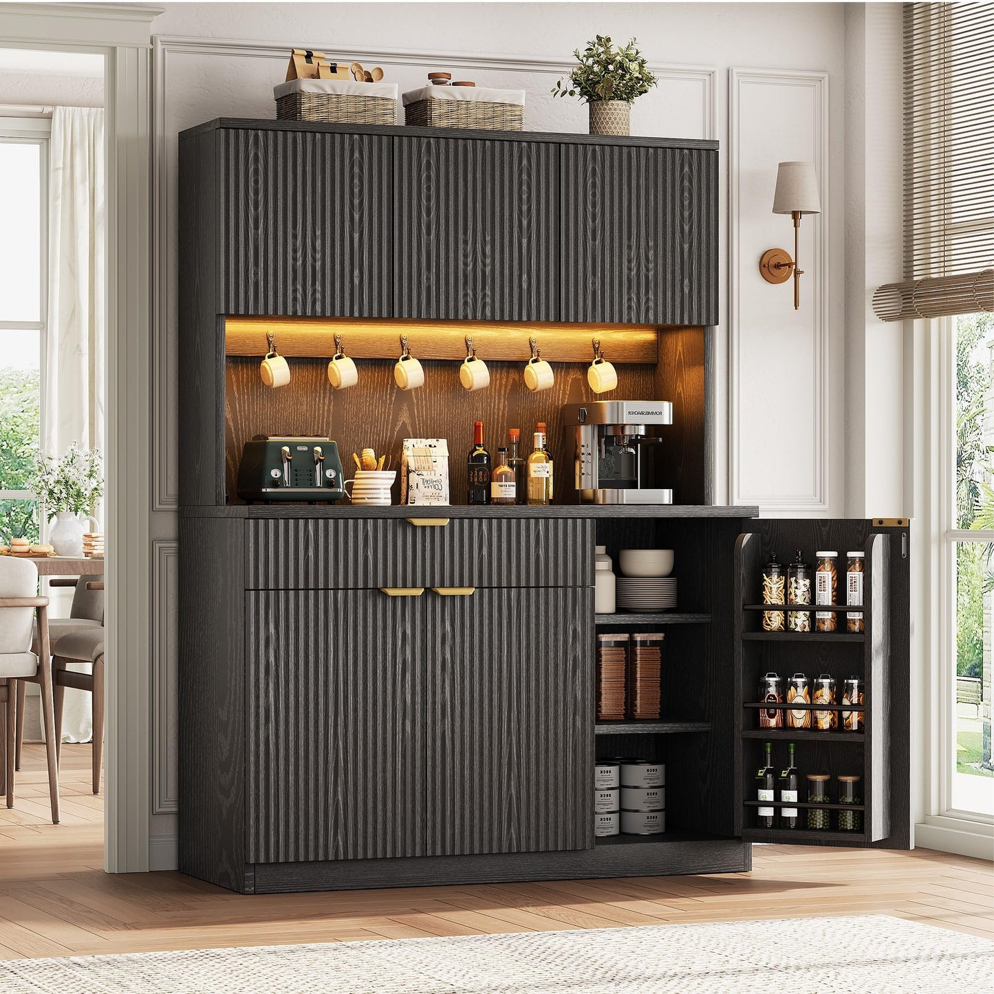 Fluted Kitchen Pantry Storage Cabinet with Charging Station/LED Light/Drawer/Doors/Shelves, 71'' Tall Kitchen Food Hutch with Microwave Stand for Dining Room Living Room (Black, 41 * 15.7 * 71)