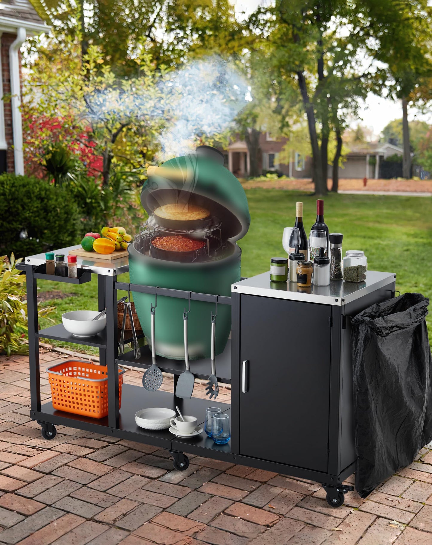 Garvee Grill Carts for Big Green Egg Style BBQ, Heavy Duty Metal Outdoor Grill Station Prep Table with Storage, Compatible with Large Big Green Egg,Outdoor Kitchen Island, BBQ Prep Table for Parties