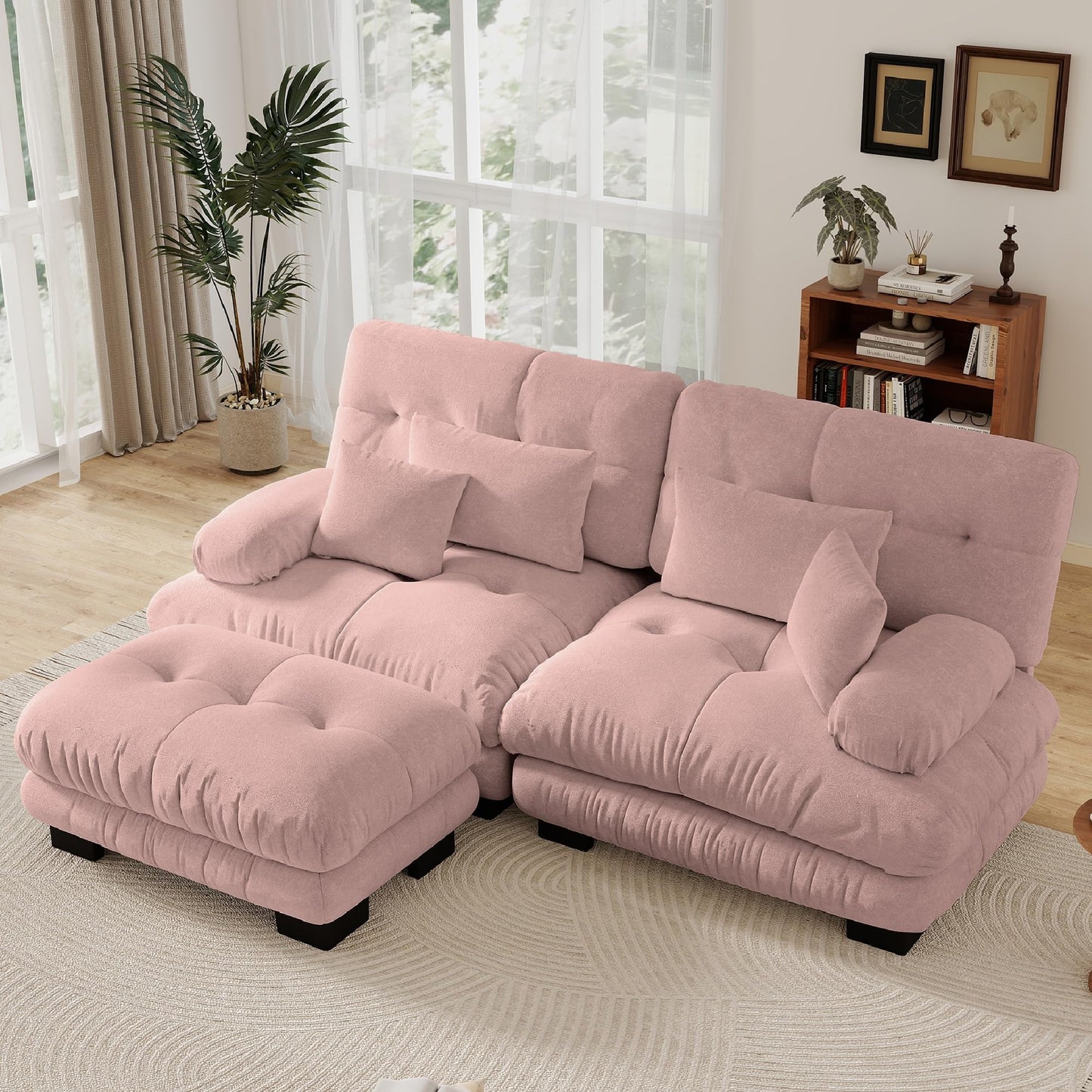 KEIKI 94 Inch Cloud Couch Sectional Sofa, Convertible L-Shaped Sleeper Sofa Set with Movable Ottoman, 3-Seater Chenille Upholstered Sofabed for Living Room Lounge, Deep Seating, Easy Assembly, Pink