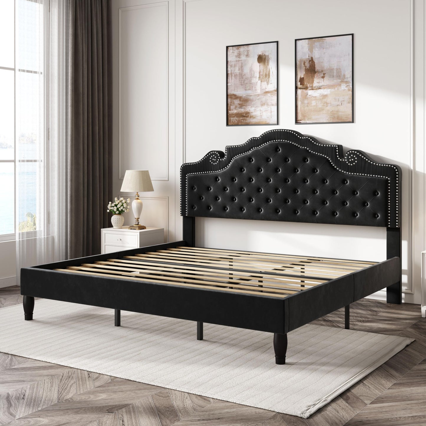 SHA CERLIN King Size Platfrom Bed Frame with Adjustable Headboard/Velvet Upholstered Diamond Button Tufted and Metal Studs/No Box Spring Needed/Easy Assembly/Wooden Slat Support/Black