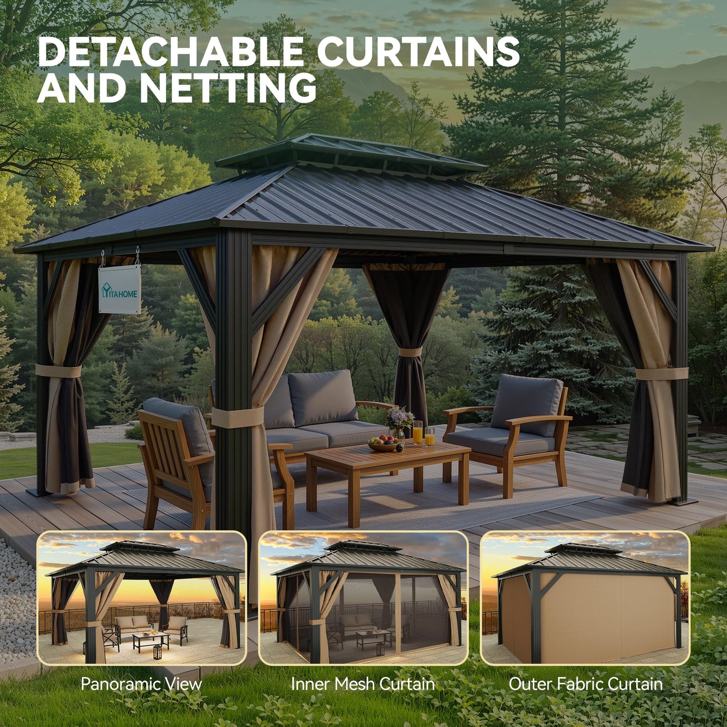 YITAHOME 9x11FT Hardtop Gazebo Double Roof Canopy w/Netting and Curtains, Outdoor Gazebo Permanent Galvanized Iron Steel Gazebo for Patio, Backyard, Deck and Lawns, Brown